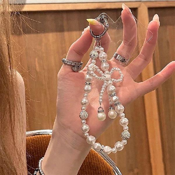 New Diamond-encrusted Pearl Bow Phone Charm Keychain Bag Anti-fall Chain, Charms Craft Supply | Canada & USA and Europe Wide FREE shipping