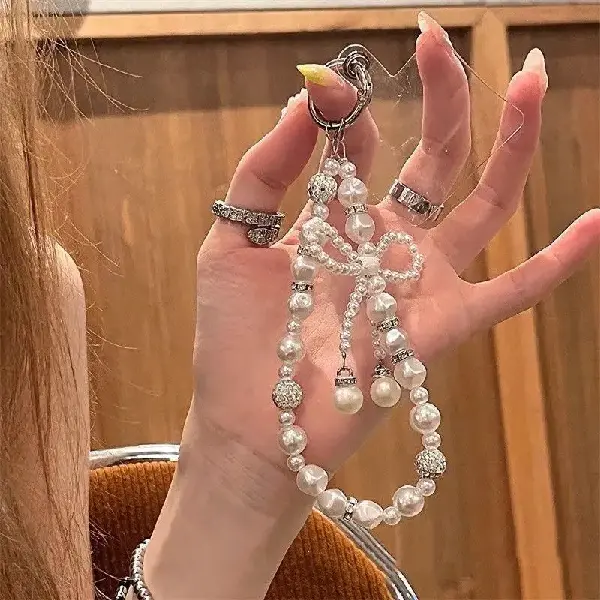 New Rhinestone-encrusted Pearl Bow Phone Charm Keychain Bag Anti-fall Chain, Charms Craft Supply | Canada & USA and Europe Wide FREE shipping