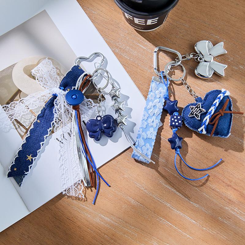 Retro sweet cool denim blue silver star bag pendant school bag chain keychain decorative bag pendant,chaincharmsupply.com
