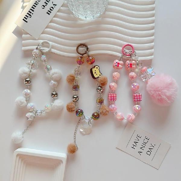 Mobile phone lanyard with pom-pom beaded wrist chain, short and fluffy, Charms Craft Supply | Canada & USA and Europe Wide FREE shipping