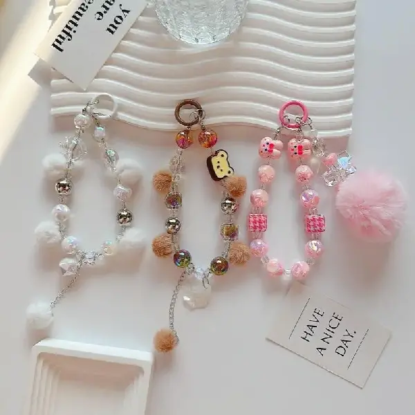 Mobile phone lanyard with pom-pom beaded wrist chain, short and fluffy, Charms Craft Supply | Canada & USA and Europe Wide FREE shipping
