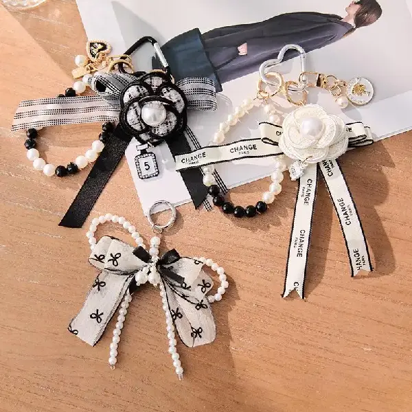 Pearl Camellia & Bowknot Keychain - Elegant Bag Charm Accessories, Canadian Online Candy and Stuffed Animal Shop, SooSweet Shop DBA Sweet Factory