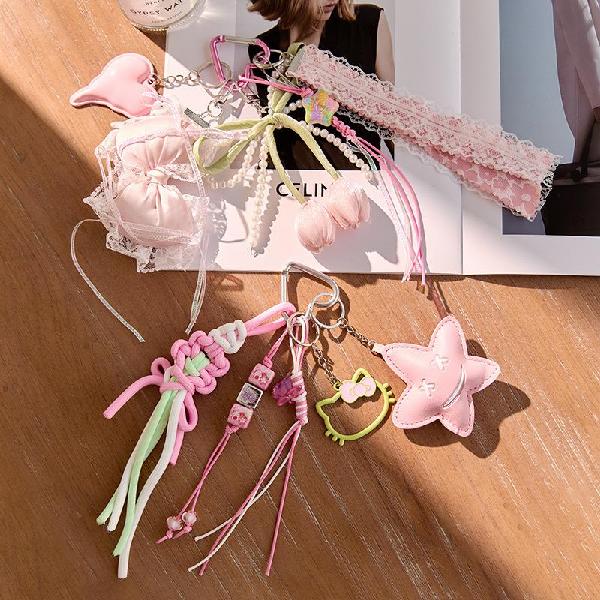 New Miu Style Bowknot Leather Heart & Fur Ball Keychain Bag Charm, Charms Craft Supply | Canada & USA and Europe Wide FREE shipping