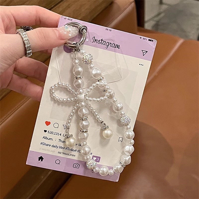 New Diamond-encrusted Pearl Bow Phone Charm Keychain Bag Anti-fall Chain, Charms Craft Supply | Canada & USA and Europe Wide FREE shipping