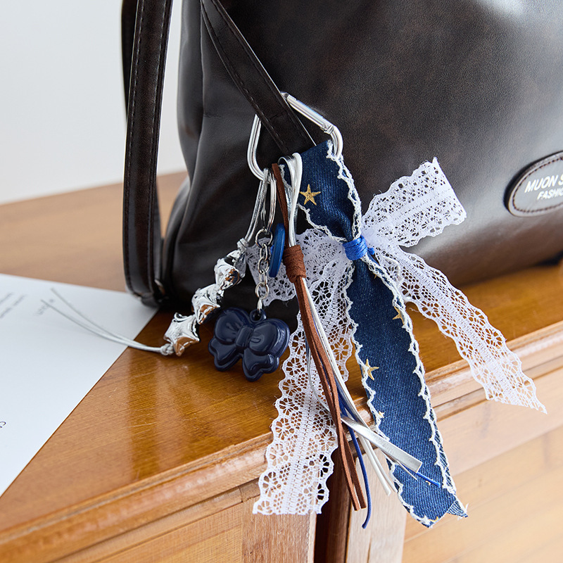 Retro sweet cool denim blue silver star bag pendant school bag chain keychain decorative bag pendant, Charms Craft Supply | Canada & USA and Europe Wide FREE shipping