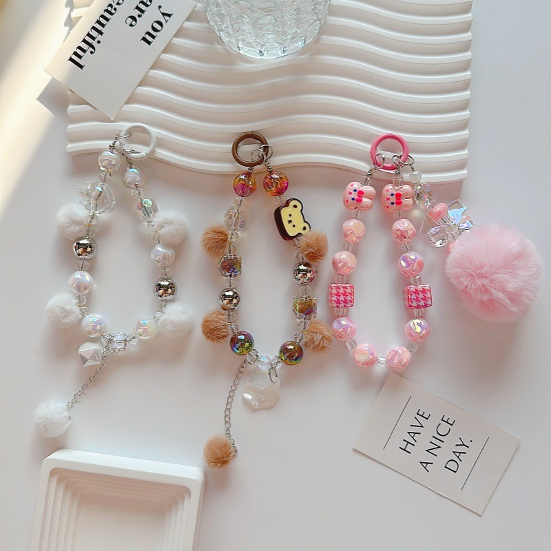 Mobile phone lanyard with pom-pom beaded wrist chain, short and fluffy, Charms Craft Supply | Canada & USA and Europe Wide FREE shipping