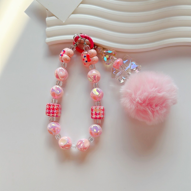Mobile phone lanyard with pom-pom beaded wrist chain, short and fluffy, Charms Craft Supply | Canada & USA and Europe Wide FREE shipping