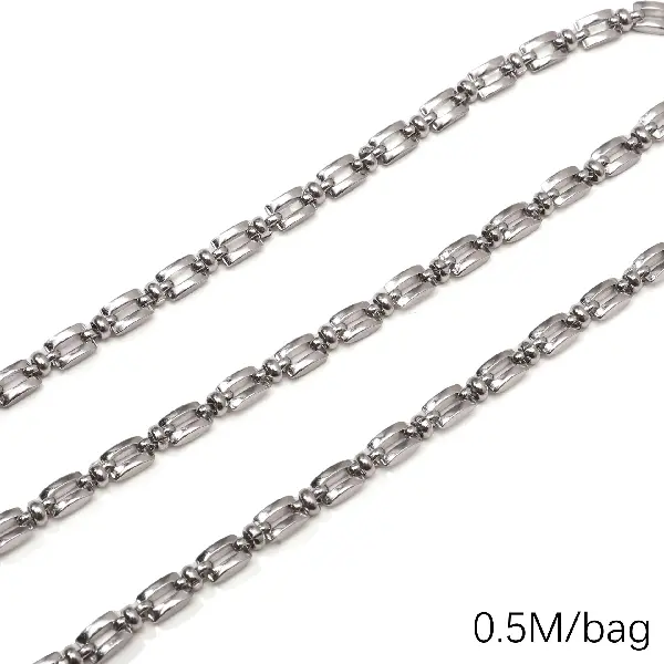 Stainless steel chain, 5.0 small square beads, wire diameter about 1.5mm, chain width about 5mm, small square chain body 5x7mm, beads diameter 4mm-0.5m/pack,chaincharmsupply.com