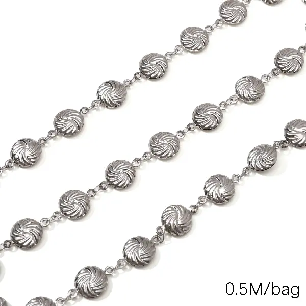 Stainless steel chain, hollow round, wire diameter about 0.3mm, chain width about 10mm, double hanging round 10x16mm, steel color, 0.5 meters/pack (cut-1 meter/pack),chaincharmsupply.com