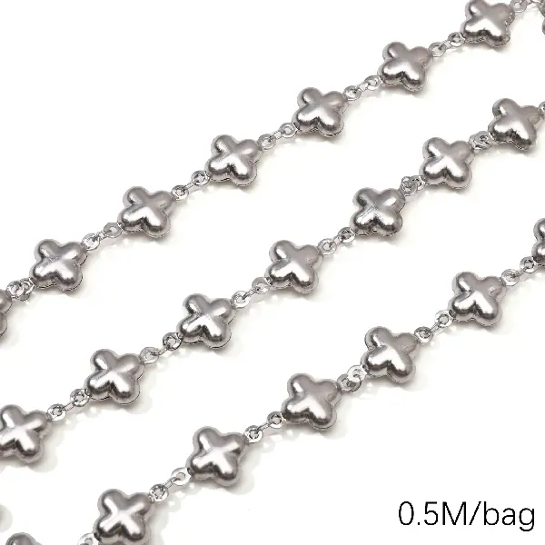 Stainless steel chain Hollow four-leaf clover Wire diameter about 0.3mm Chain width about 11.5mm Double hanging four-leaf clover 11.5x17.8mm Steel color-0.5m/pack,chaincharmsupply.com