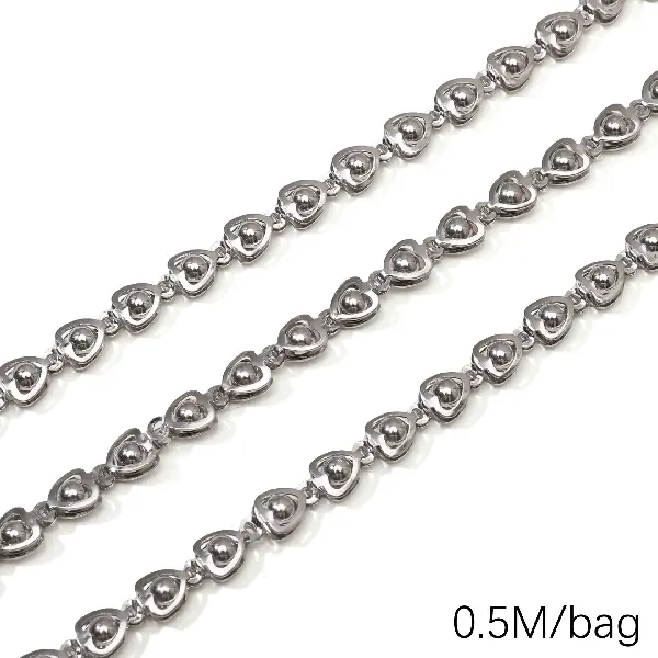 Stainless steel chain, heart-shaped beads, wire diameter about 0.8mm, chain width about 6mm, heart-shaped 6x10mm, beads 4mm, steel color, 0.5m/-1m/pack,chaincharmsupply.com