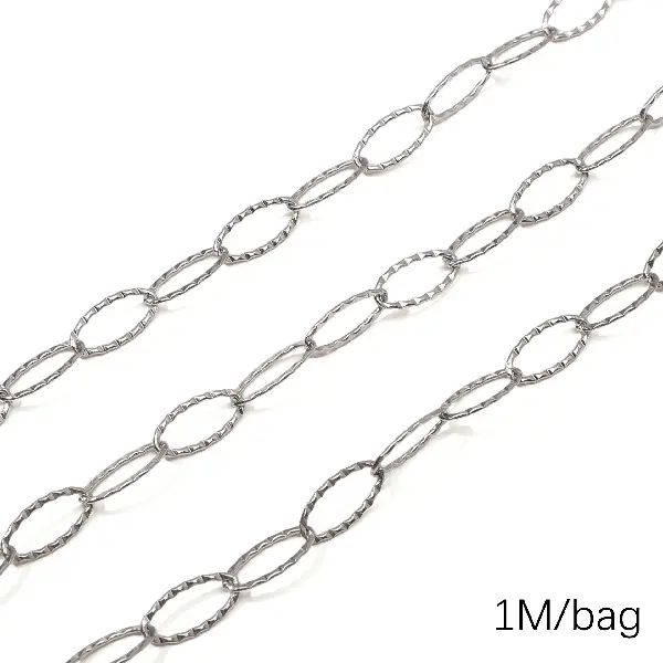 Stainless steel chain 7x15 egg-shaped embossed wire diameter about 1.0mm chain width about 7mm chain body 7x15mm steel color 1 meter/pack (cut-0.5 meters/pack,chaincharmsupply.com