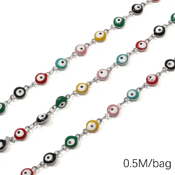 Stainless steel chain 6.0 eye chain wire diameter about 0.3mm chain width about 6mm double hanging eyes 6x11mm mixed color steel 0.5m/pack-1m/pack,chaincharmsupply.com