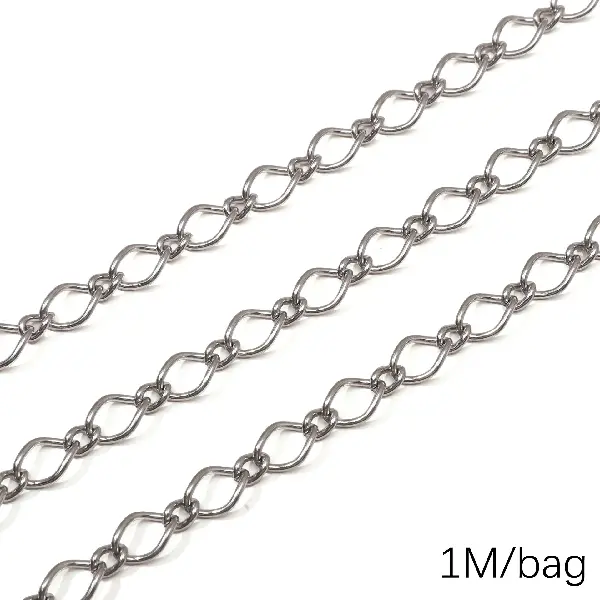 Stainless steel chain 1.2 1:1 round wire, wire diameter is about 1.2mm, chain width is about 7.5mm, parent chain body 7.5x11mm, child chain body-0.5m/pack,chaincharmsupply.com