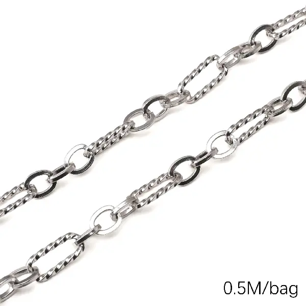Stainless steel chain, twisted long buckle square wire 3:1, wire diameter about 1.5mm, chain width about 7.5mm, long chain body 8x17.5mm, short chain body-0.5m/pack,chaincharmsupply.com