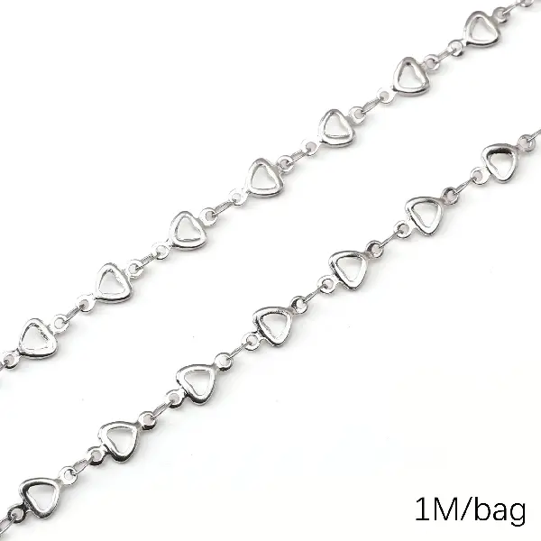 Stainless steel chain, hollow heart shape, chain width about 5mm, chain body 5x10mm, connecting ring 3x4mm, steel color, 1 meter/package (cut edges to remove hair - 0.5m/package),chaincharmsupply.com