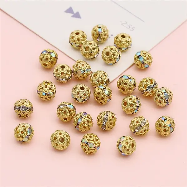 Copper diamond ball, diameter 6mm, hole diameter about 0.8mm, golden white diamonds, 10 pieces/pack,chaincharmsupply.com