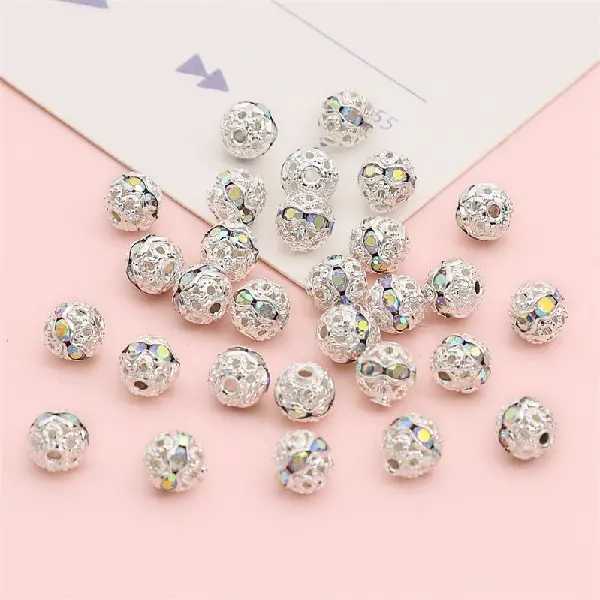 Copper diamond ball, diameter 6mm, hole diameter about 0.8mm, silver white diamond, 10 pieces/pack,chaincharmsupply.com