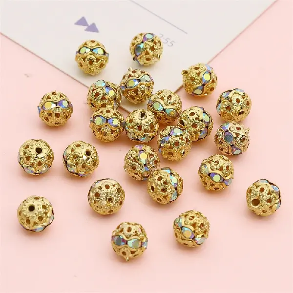 Copper diamond ball, diameter 8mm, hole diameter about 0.8mm, golden white diamonds, 10 pieces/pack,chaincharmsupply.com