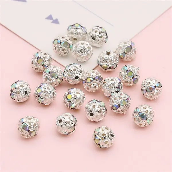 Copper diamond ball, diameter 8mm, hole diameter about 0.8mm, silver white diamond, 10 pieces/pack,chaincharmsupply.com