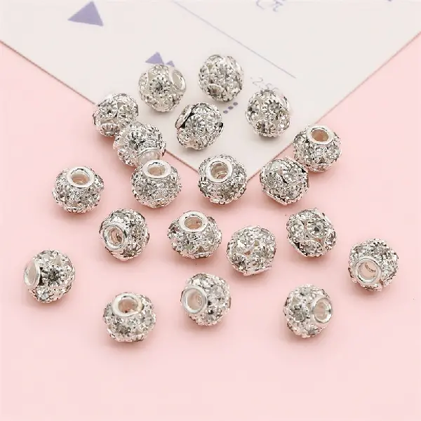 Iron diamond ball, diameter 8mm, hole diameter about 2mm, silver white diamond, 5 pieces/pack,chaincharmsupply.com