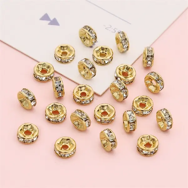 Copper diamond ring, diameter 6mm, height 2.5mm, hole diameter about 1mm, golden white diamonds, 20 pieces/pack,chaincharmsupply.com