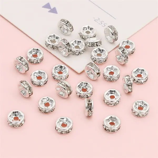 Copper drill ring, diameter 6mm, height 2.5mm, hole diameter about 1mm, silver white diamonds, 20 pieces/pack,chaincharmsupply.com