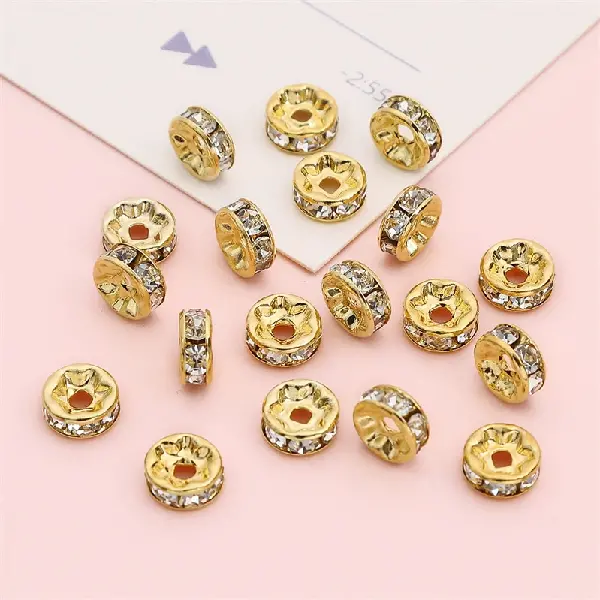 Copper diamond ring, diameter 8mm, height 3mm, hole diameter about 1.5mm, golden white diamonds, 20 pieces/pack,chaincharmsupply.com