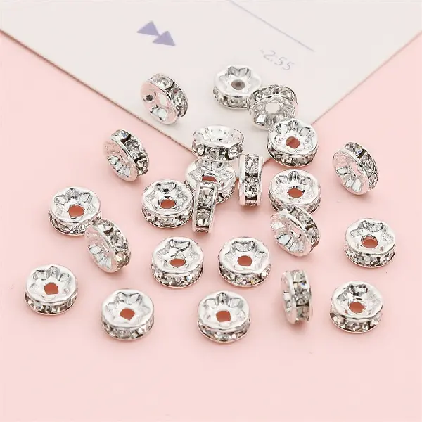 Copper drill ring, diameter 8mm, height 3mm, hole diameter about 1.5mm, silver white diamonds, 20 pieces/pack,chaincharmsupply.com