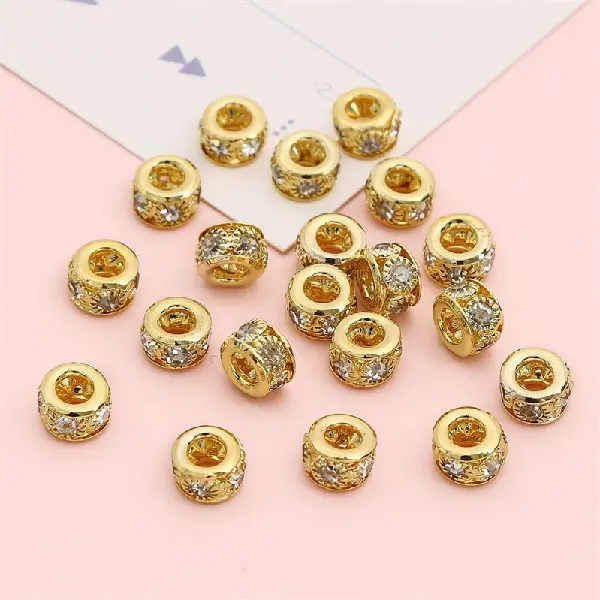 Iron drill ring, diameter 8mm, height about 5.5mm, hole diameter about 3mm, golden white diamonds, 5 pieces/pack,chaincharmsupply.com
