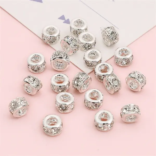 Iron drill ring, diameter 8mm, height about 5.5mm, hole diameter about 3mm, silver white diamonds, 5 pieces/pack,chaincharmsupply.com