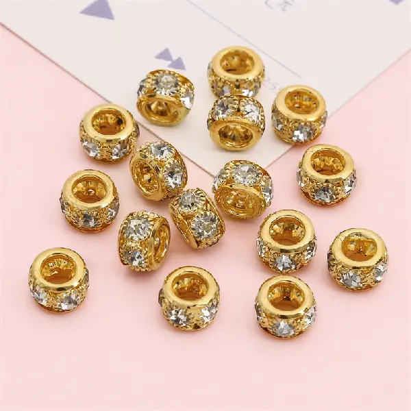 Copper diamond ring, diameter 10mm, height 7mm, hole diameter about 4mm, golden white diamonds, 5 pieces/pack,chaincharmsupply.com