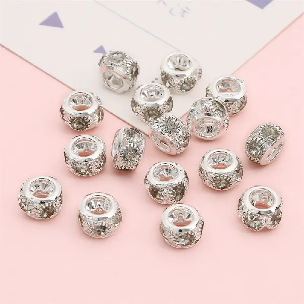 Copper drill ring, diameter 10mm, height 7mm, hole diameter about 4mm, silver white diamonds, 5 pieces/pack,chaincharmsupply.com