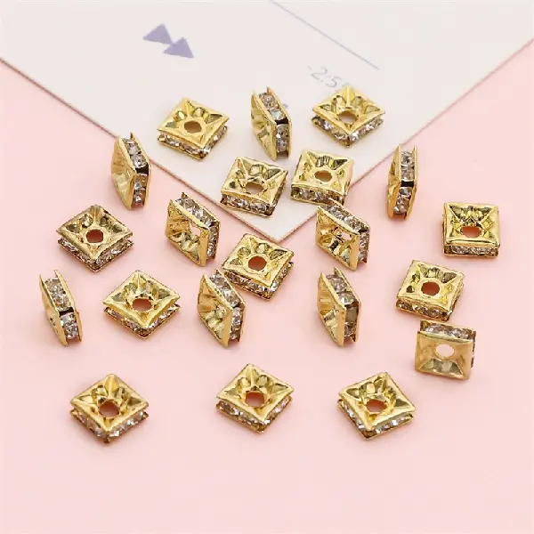 Copper diamond ring 6x6mm, height 2.5mm, hole diameter about 1.5mm, golden white diamonds, 10 pieces/pack,chaincharmsupply.com
