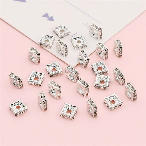 Copper drill ring 6x6mm, height 2.5mm, hole diameter about 1.5mm, silver white diamonds, 10 pieces/pack,chaincharmsupply.com