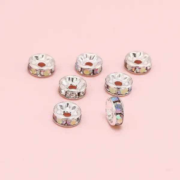 Copper drill ring, diameter 8mm, height 3mm, hole diameter about 1.8mm, silver white AB diamonds, 20 pieces/pack,chaincharmsupply.com