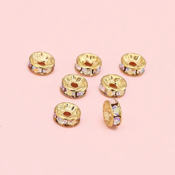 Copper drill ring, diameter 8mm, height 3mm, hole diameter about 1.8mm, golden white AB diamonds, 20 pieces/pack,chaincharmsupply.com