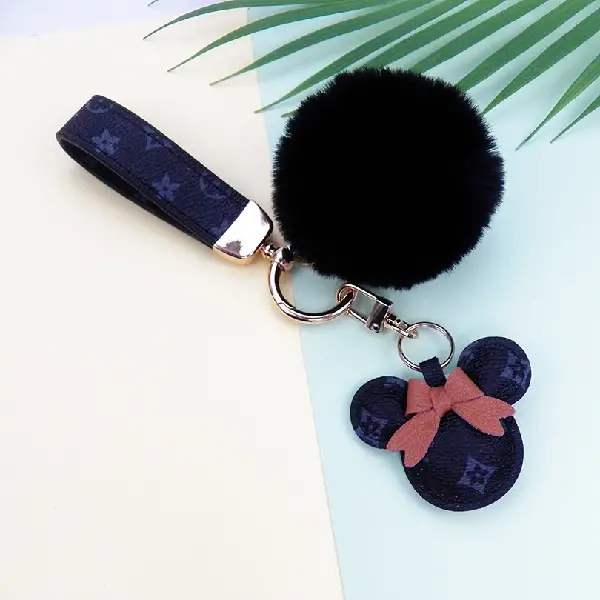 Black and gray flower + keychain + fur ball,chaincharmsupply.com