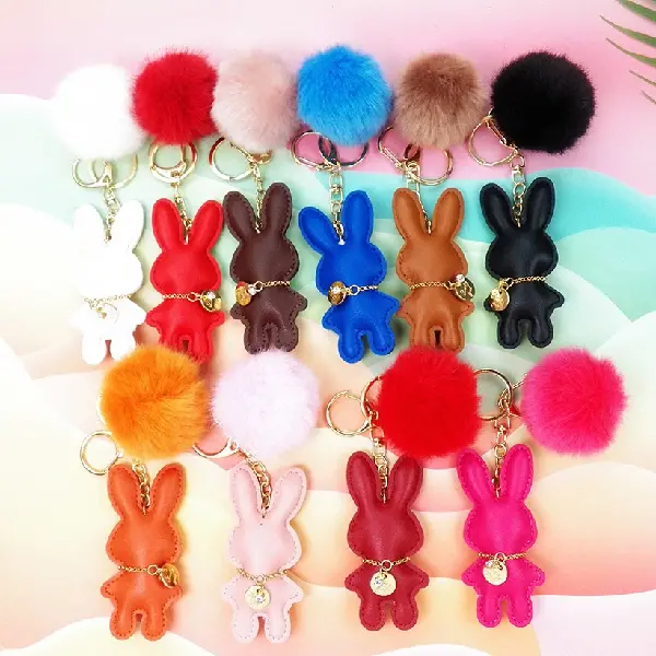 Key chain rabbit plus fur ball,chaincharmsupply.com