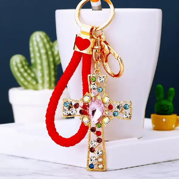 Red rope + A29 crystal cross pink Rhinestone - single OPP bag packaging,chaincharmsupply.com