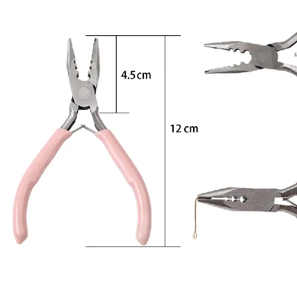 3-hole steel pliers with pink handle (with teeth), length about 12cm - 1 pair,chaincharmsupply.com