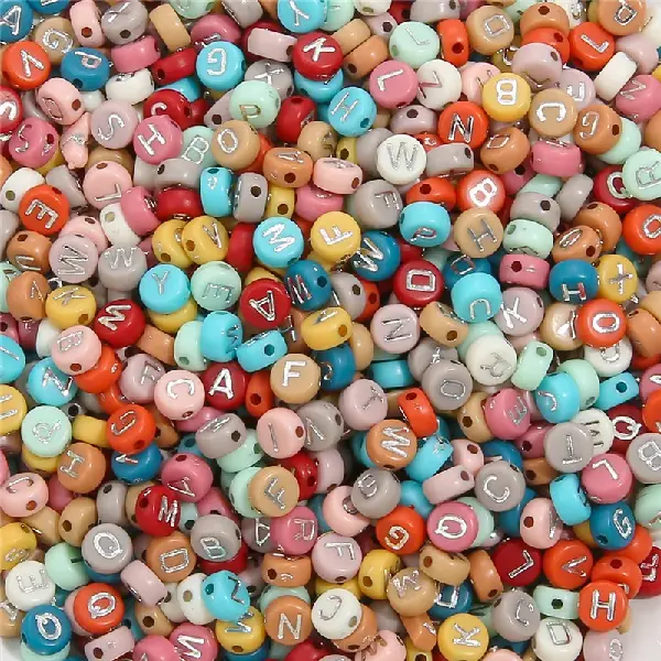 Solid color + silver letter flat beads - 4x7mm, aperture 1.5mm, 100 pcs/pack,chaincharmsupply.com