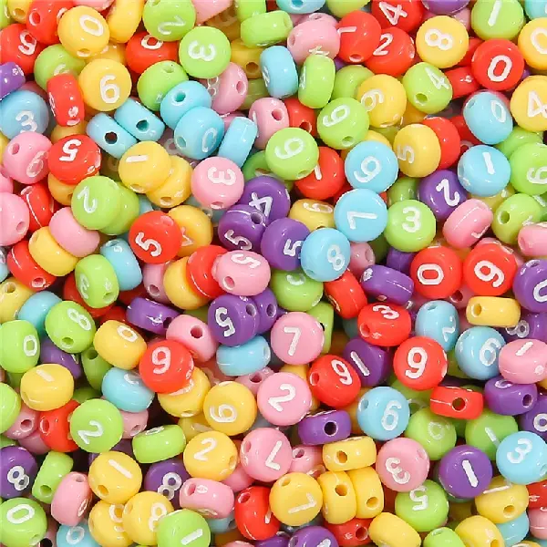 Real color + white numbers, number flat beads-4x7mm, aperture 1.5mm, 100 pcs/pack,chaincharmsupply.com