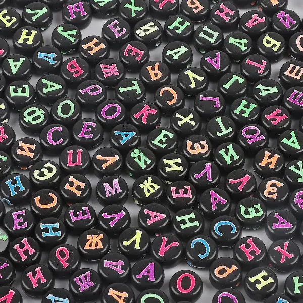 Black & Fluorescent Russian Letters Flat Beads-4x7mm, Aperture 1.5mm, 100pcs/pack,chaincharmsupply.com