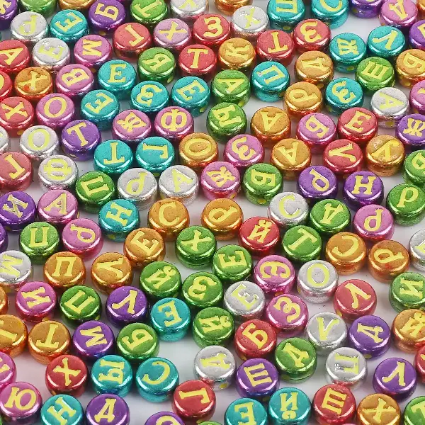Color plated & yellow letters Russian alphabet flat beads - 4x7mm, hole diameter 1.5mm, 100 pcs/pack,chaincharmsupply.com