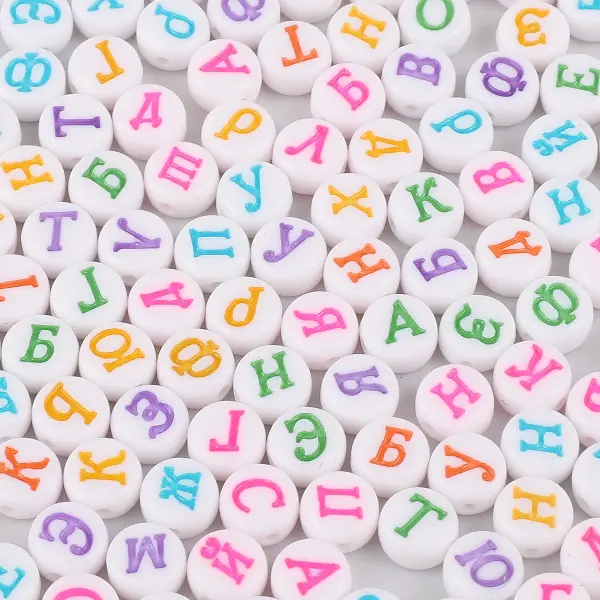 White & Color Russian Alphabet Flat Beads-4x7mm, Hole Diameter 1.5mm, 100pcs/pack,chaincharmsupply.com