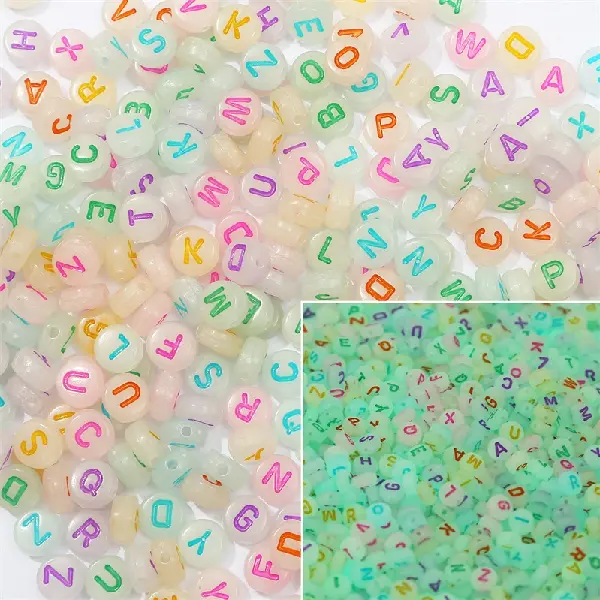 Luminous transparent white & color letter flat beads-4x7mm, aperture 1.5mm, 100 pcs/pack,chaincharmsupply.com
