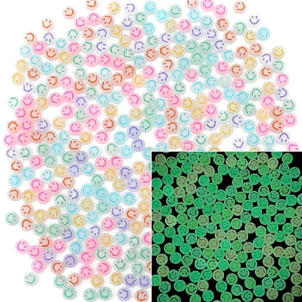 Smiley face luminous transparent white & color words-4x7mm aperture 1.5mm 100 pcs/pack,chaincharmsupply.com