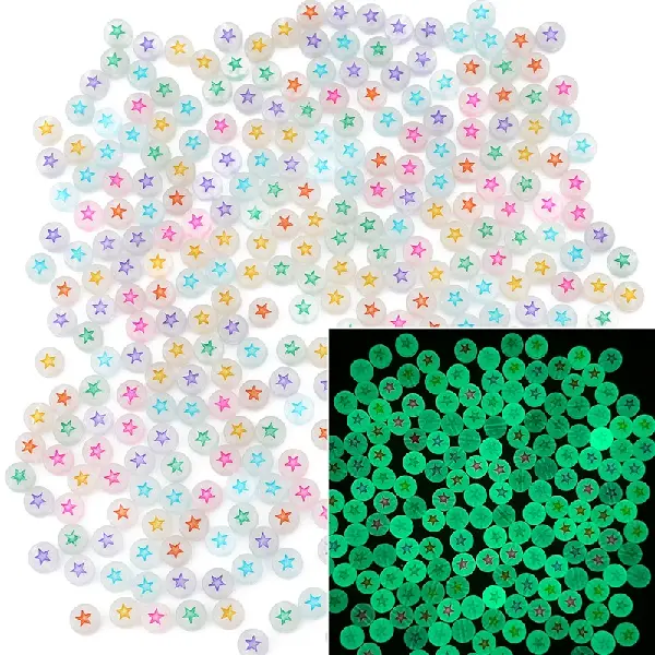 Five-pointed star fluorescent + luminous transparent white & color words-4x7mm aperture 1.5mm 100 pcs/pack,chaincharmsupply.com
