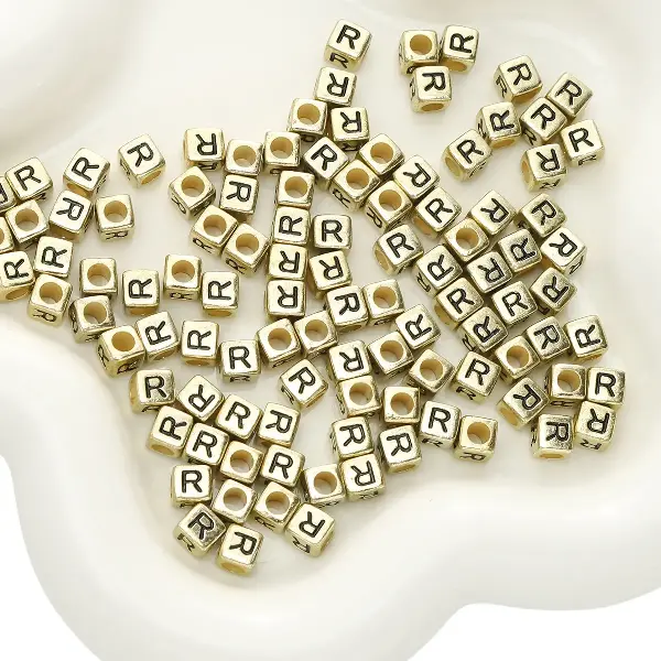 Letter R square antique gold 6x6mm hole diameter about 3mm-50 pieces/pack,chaincharmsupply.com